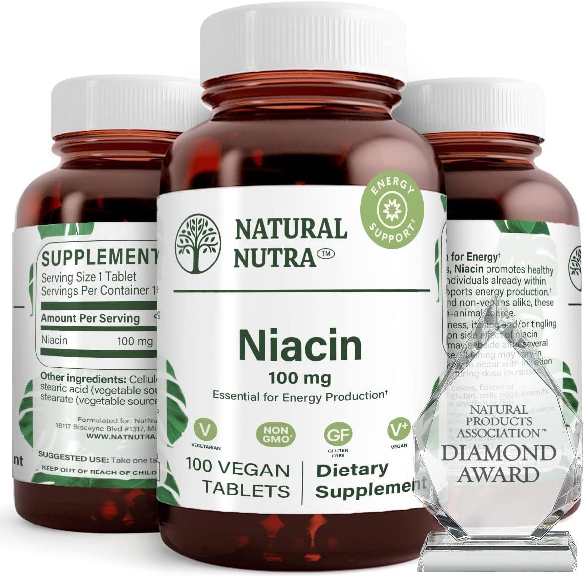 Natural Nutra Niacin Supplement 100 mg for Energy - 100 Tablets