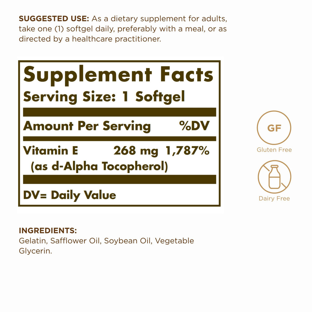 Solgar Vitamin E 268 mg (400 IU) d-Alpha Tocopherol - 100 Softgels - image 2