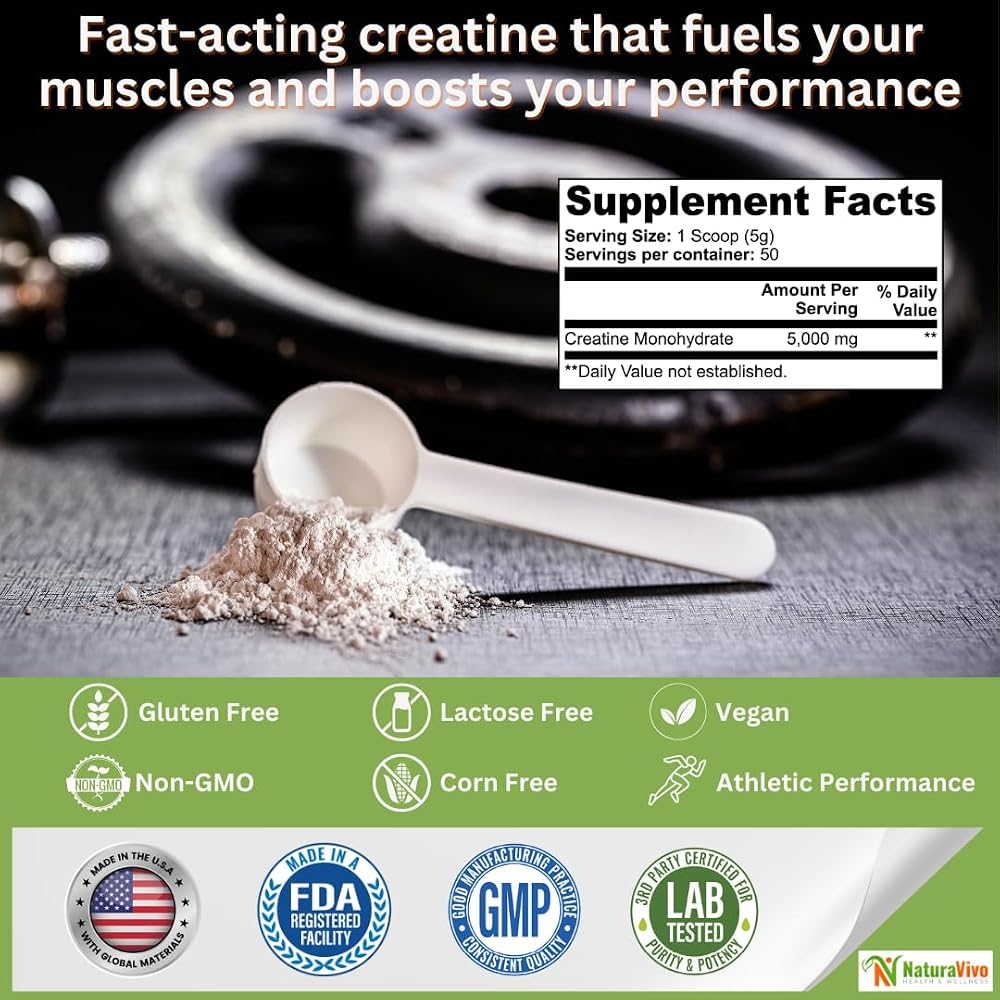 NaturaVivo Creatine Monohydrate Powder 5000mg - 50 Servings - image 4