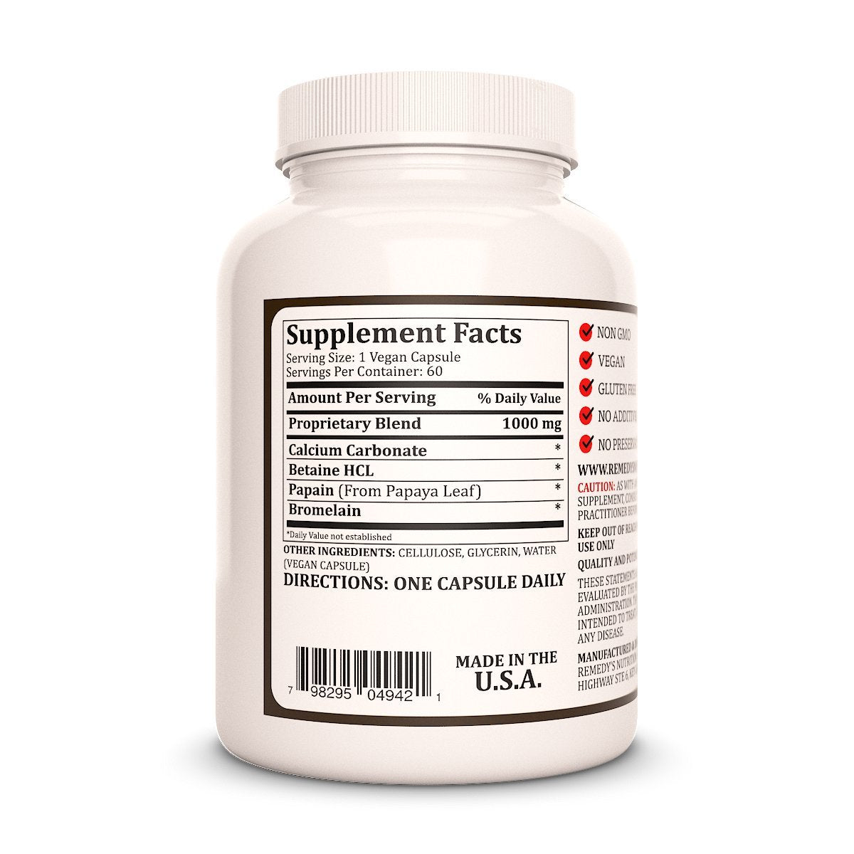 Remedy’s Nutrition Remedy's Nutrition Betaine HCL 1000 mg - 60 Capsules - image 2