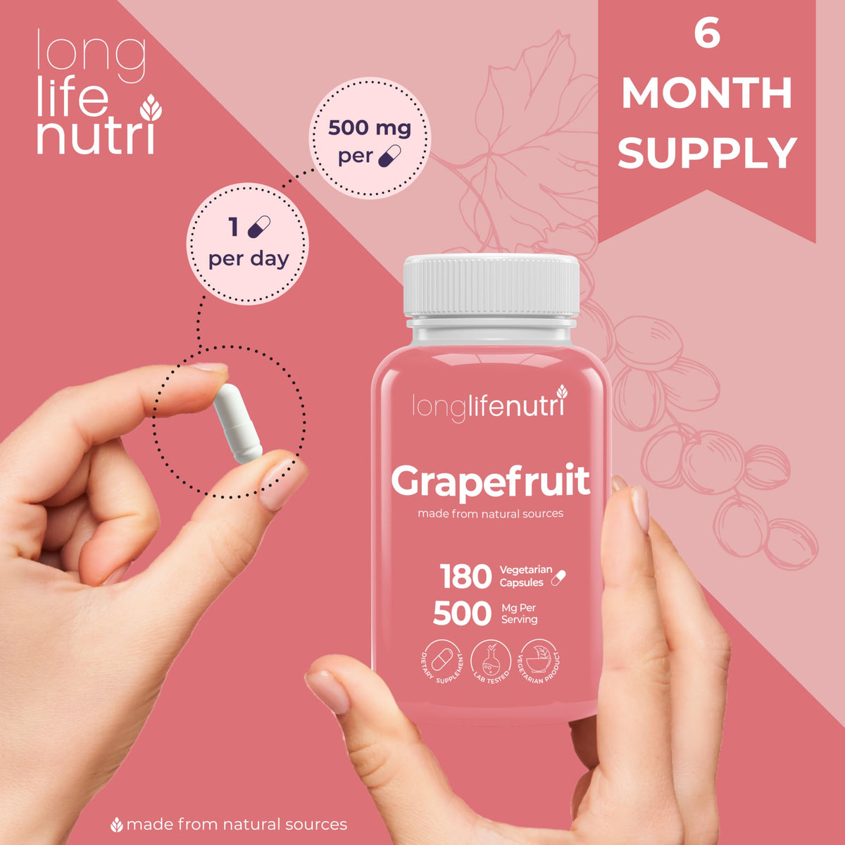 LongLifeNutri Grapefruit Seed Extract 500mg - 180 Vegetarian Capsules - image 5