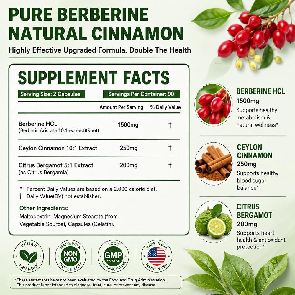 NEOGLI Berberine Supplement 1500mg with Ceylon Cinnamon - 180 Capsules - image 3