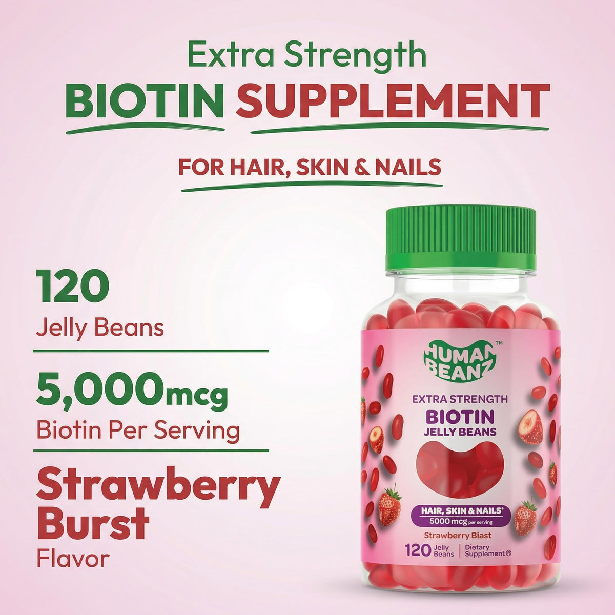 Human Beanz Biotin 5000mcg Jelly Bean Gummies for Hair Skin Nails - 120 Count - image 2
