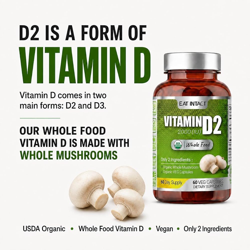 EAT Intact Whole Mushroom Vitamin D2 2000 IU - 60 Capsules - image 2