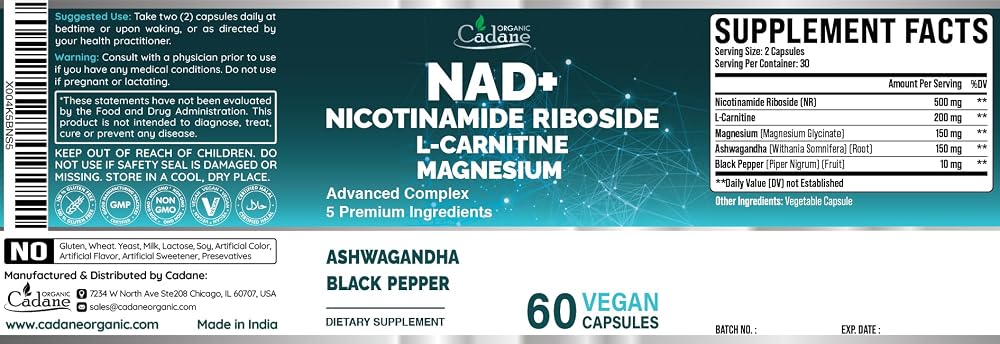 Organic Cadane Nicotinamide Riboside with L-Carnitine - 60 Capsules - image 4