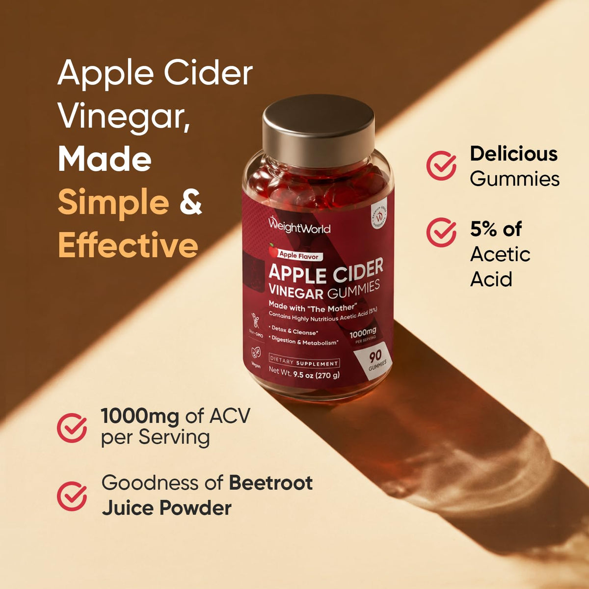 WeightWorld Apple Cider Vinegar Gummies with Mother 1000mg - 90 Count - image 2