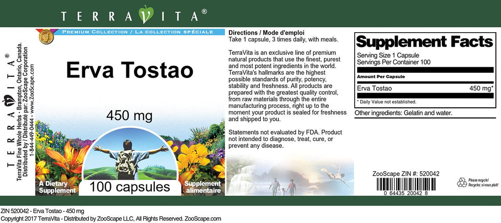 Terravita Erva Tostao - 450 mg (100 Capsules, ZIN: 520042)