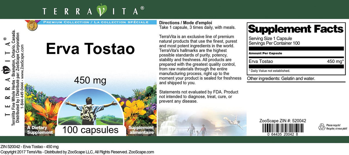 Terravita Erva Tostao - 450 mg (100 Capsules, ZIN: 520042)