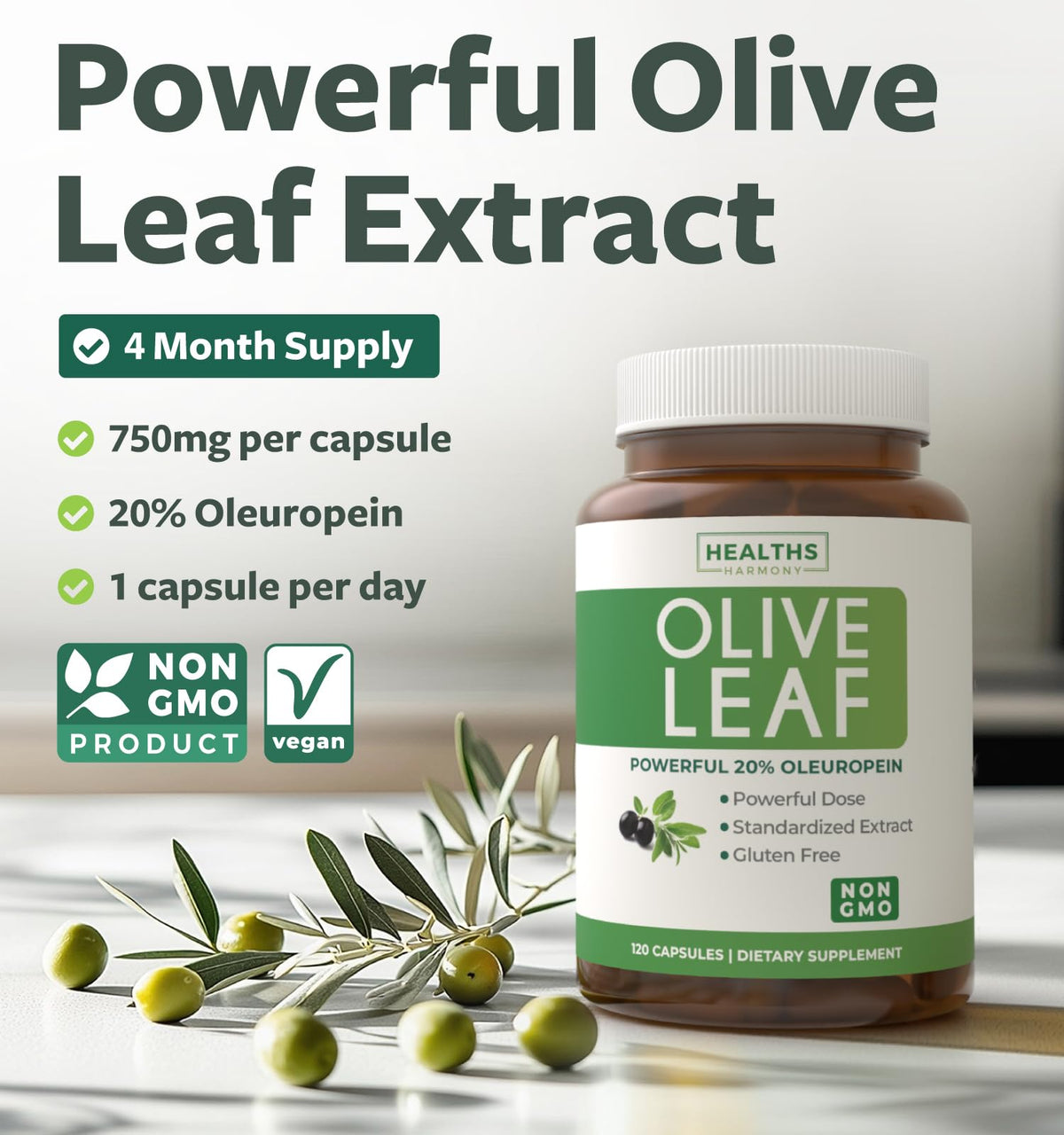 Healths Harmony Olive Leaf Extract 750mg - 120 Capsules - image 2