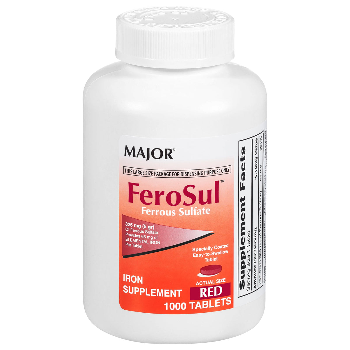 MAJOR FeroSul Ferrous Sulfate 325 mg Iron Supplement - 1000 Tablets