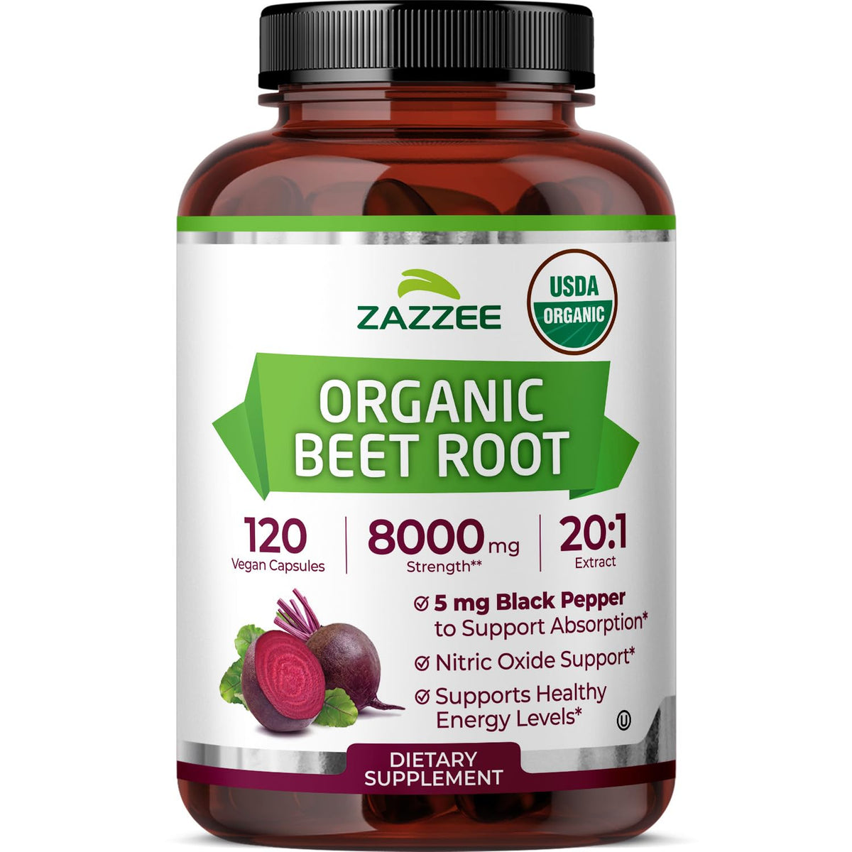 Zazzee USDA Organic Beet Root 20:1 Extract - 120 Capsules