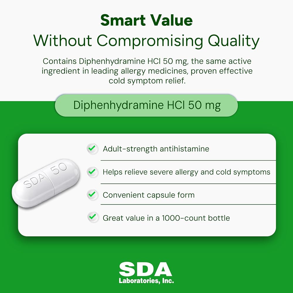 SDA LABORATORIES Diphenhydramine HCl 50mg Capsules - 1000 Count - image 3