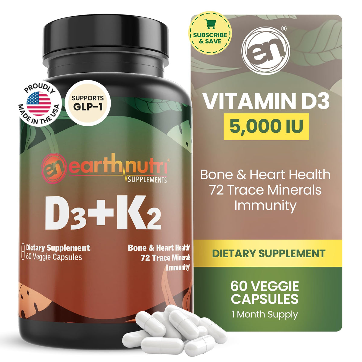 EarthNutri Vitamin D3 Plus K2 5000 IU - 60 Vegetarian Capsules