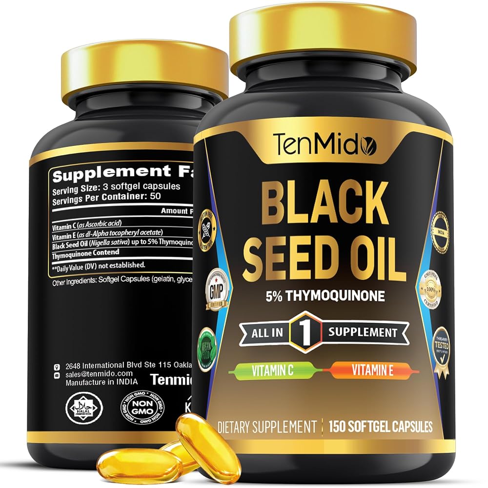 Tenmido Black Seed Oil Capsules with Vitamin C & E - 150 Softgels