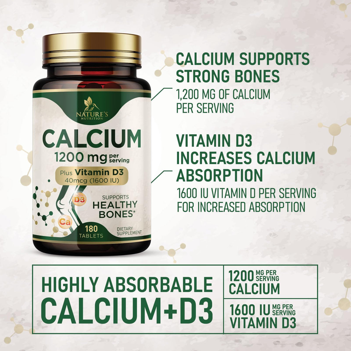 Nature's Nutrition Calcium 1200 mg Per Serving with Vitamin D3 - Bone