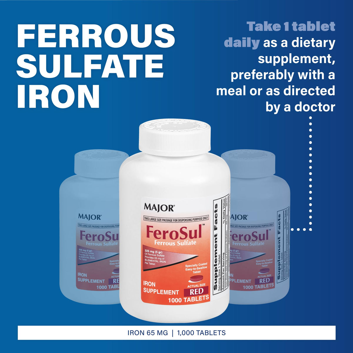 MAJOR Ferosul Ferrous Sulfate 325mg Iron Supplement - 100 Tablets - image 3