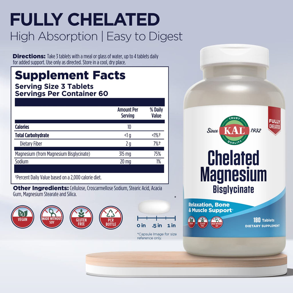 KAL Chelated Magnesium Bisglycinate - 180 Tablets - image 2