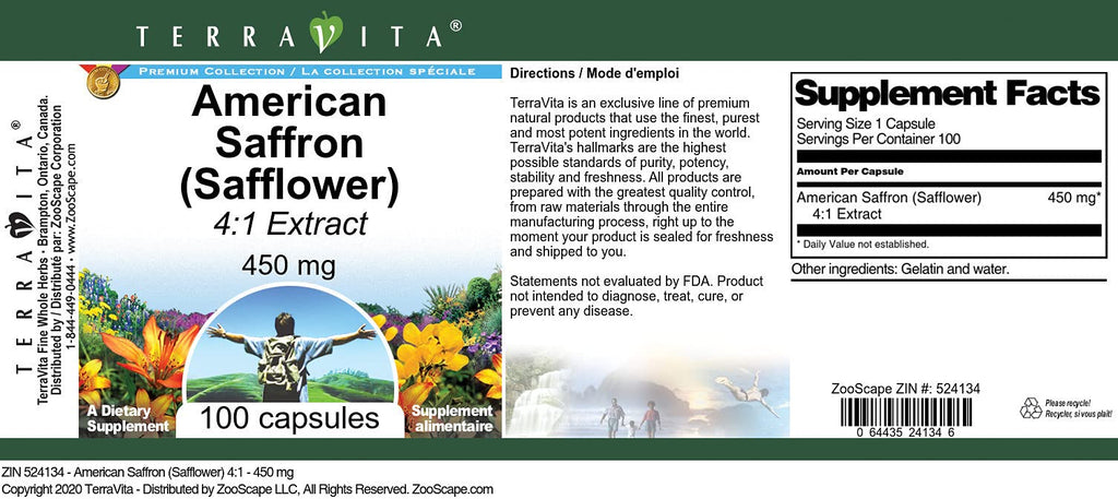Terravita American Saffron Safflower 4:1 Extract 450 mg - 100 Capsules - image 3