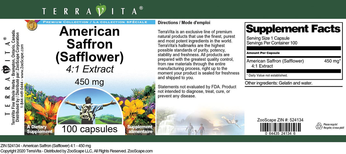 Terravita American Saffron Safflower 4:1 Extract 450 mg - 100 Capsules - image 3