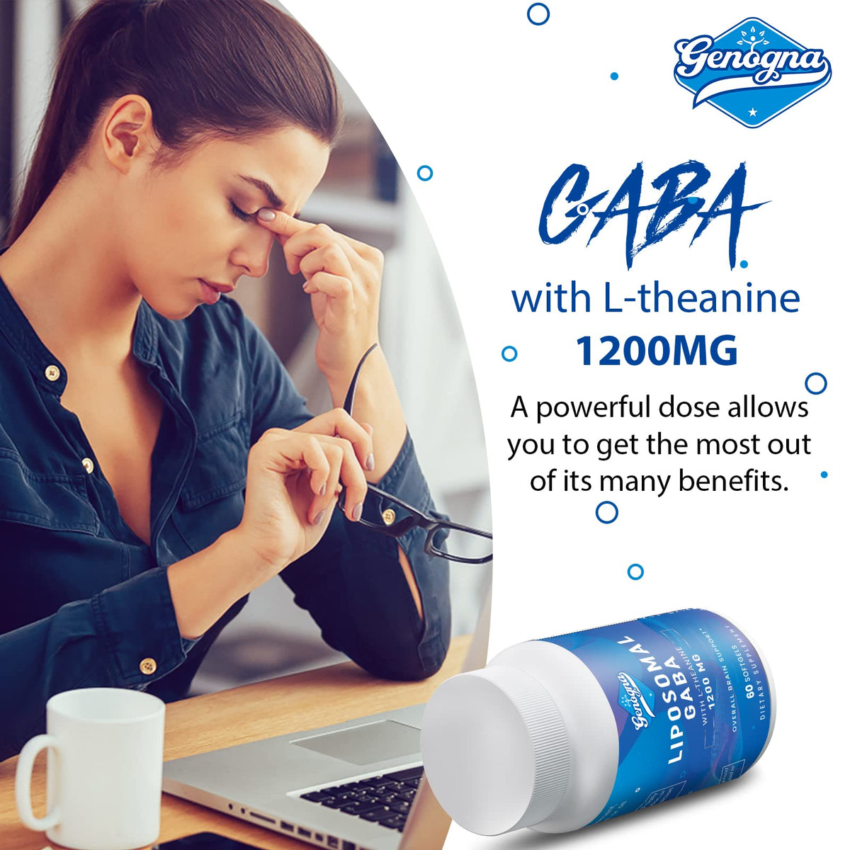Genogna GABA with L-Theanine Supplement 1200mg - High Bioavailable