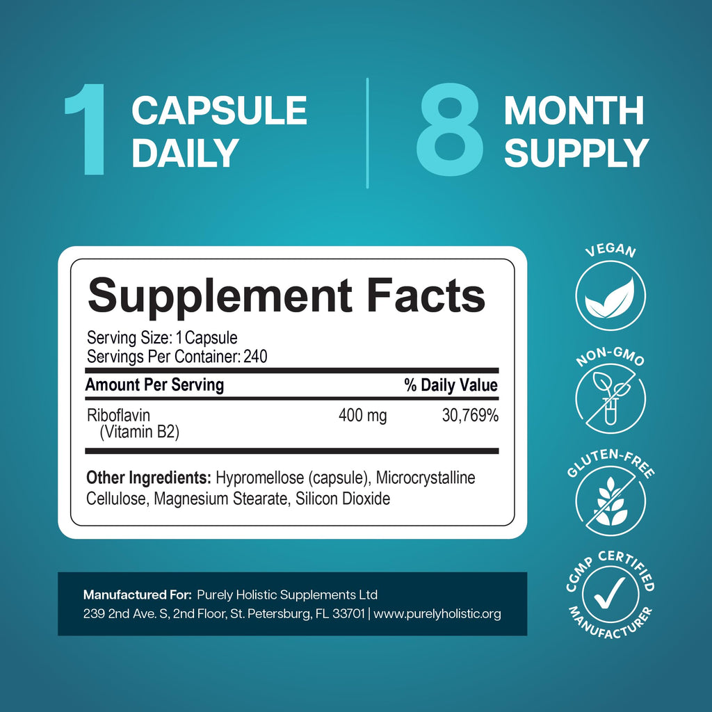 Purely Holistic Vitamin B2 Riboflavin 400mg Energy Support - 240 Capsules - image 6