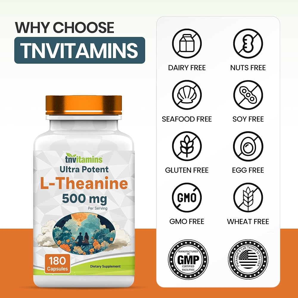tnvitamins L-Theanine 500 mg Capsules for Calm Focus - 180 Capsules - image 6