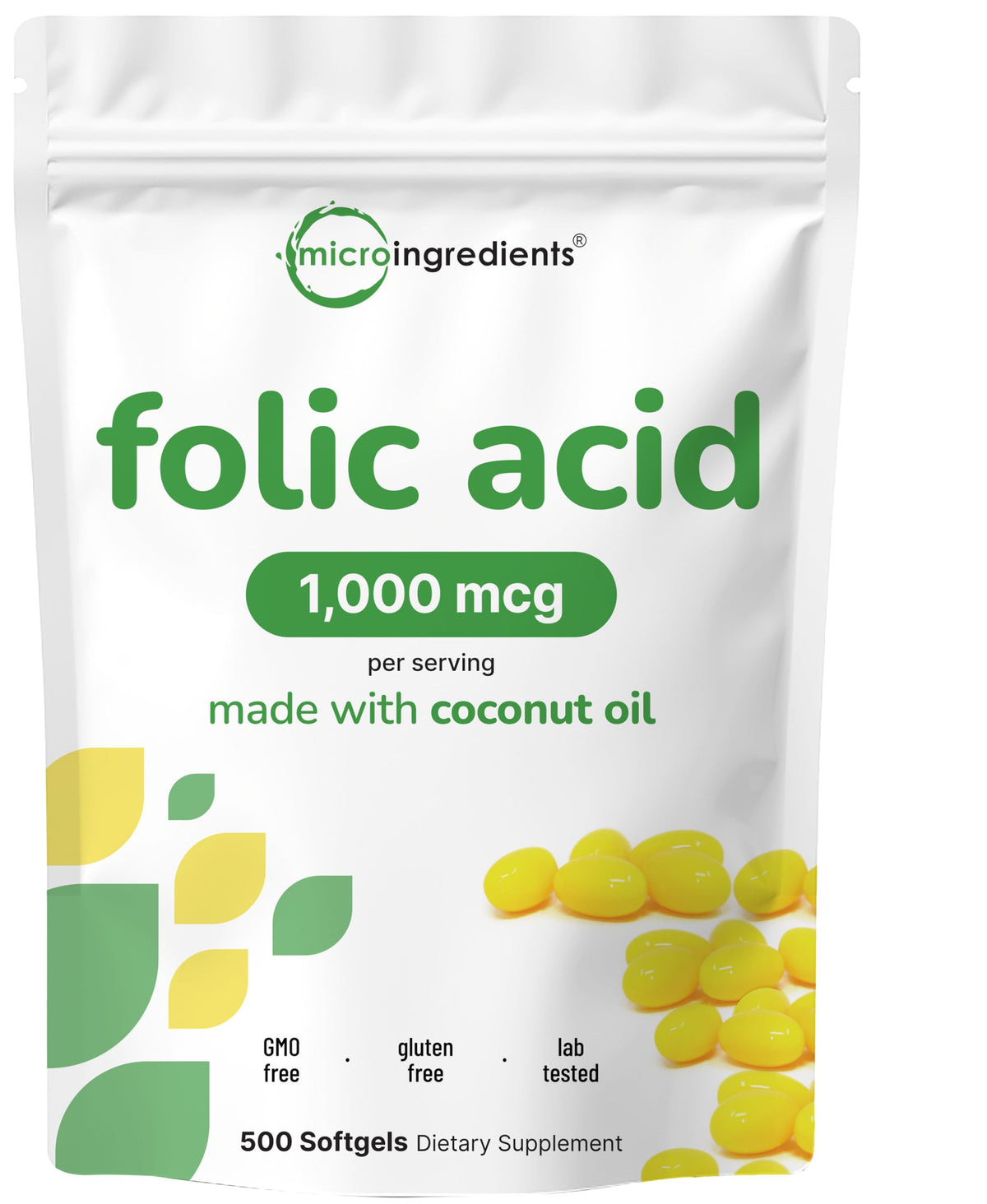 Micro Ingredients Folic Acid 1000 mcg Prenatal Vitamin - 500 Softgels