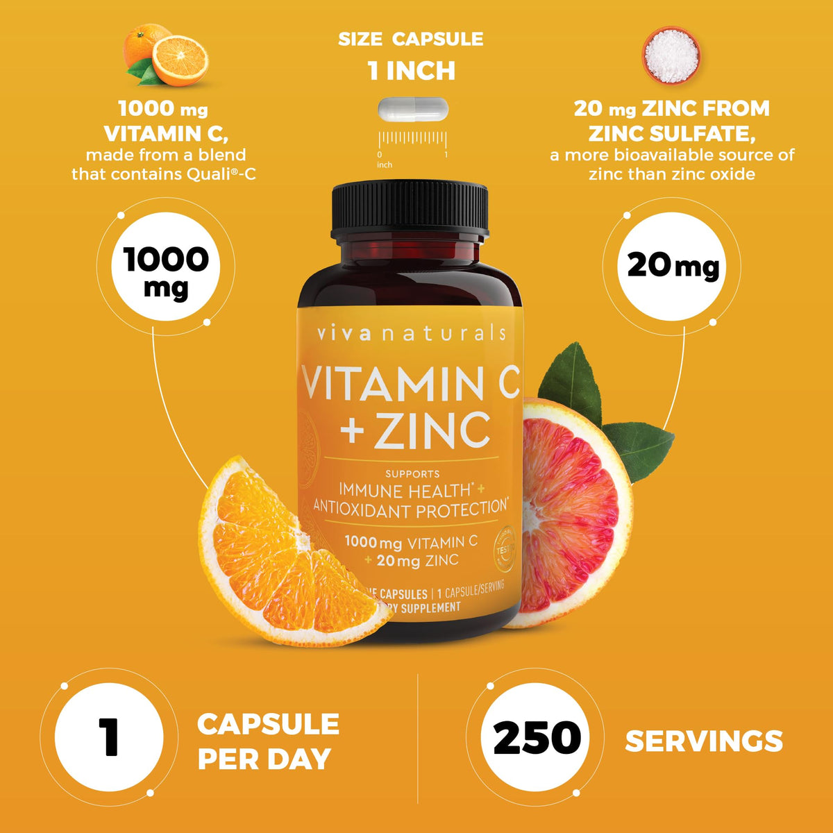 Viva Naturals Vitamin C and Zinc 1000mg Immune Support - 250 Capsules - image 4
