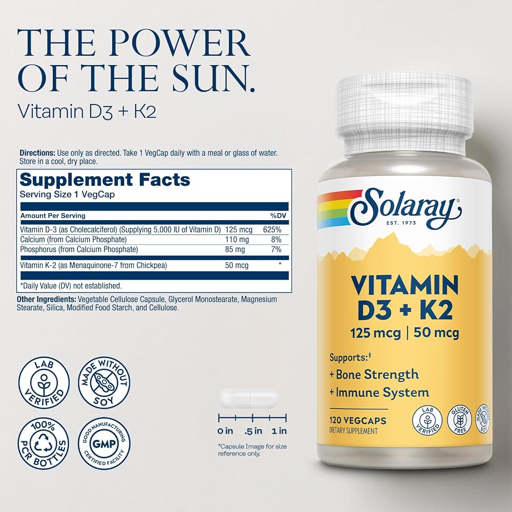 SOLARAY Vitamin D3 K2 5000 IU Bone Support - 120 Vegetarian Capsules - image 2