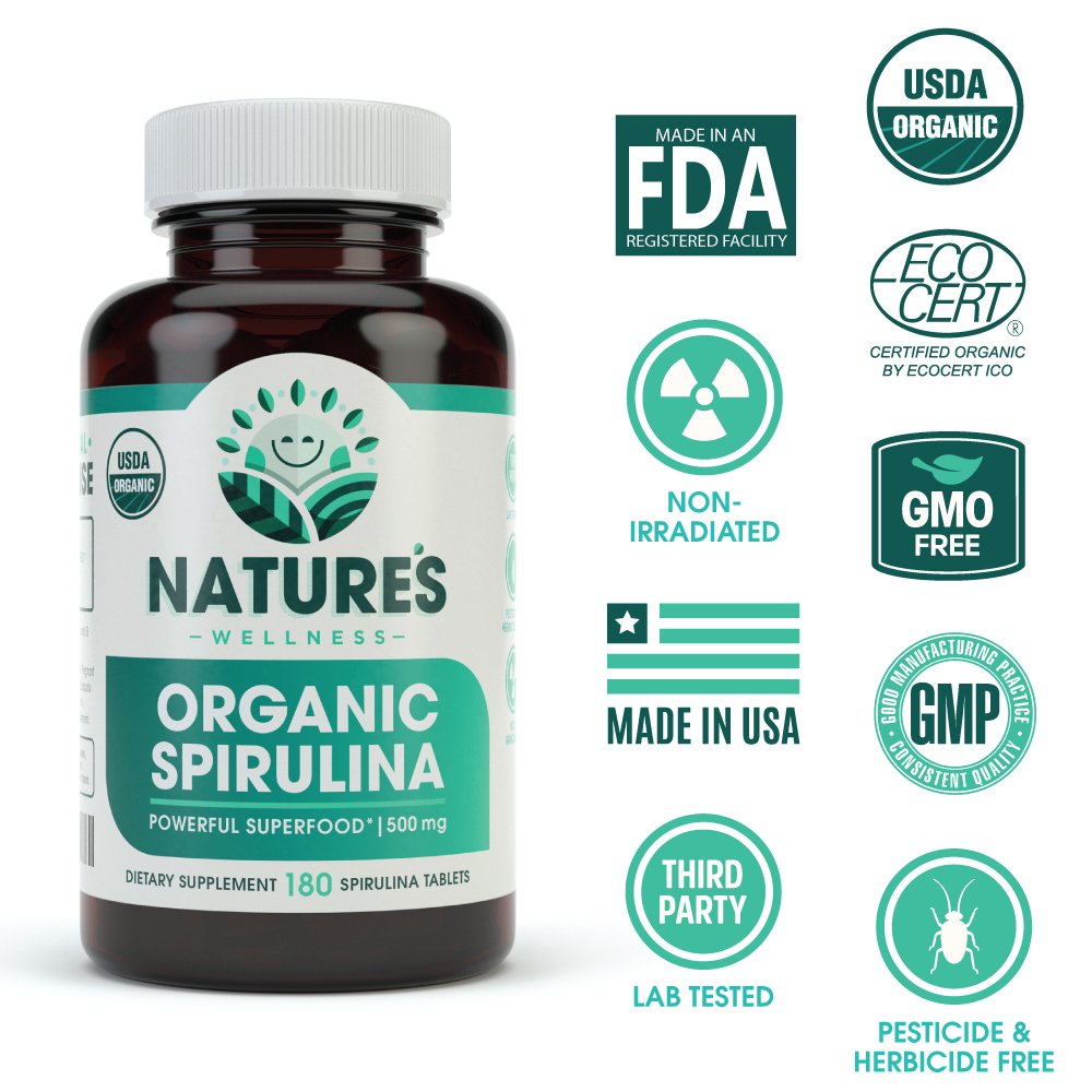 Natures Wellness USDA Organic Spirulina Tablets - 180 Count - image 2