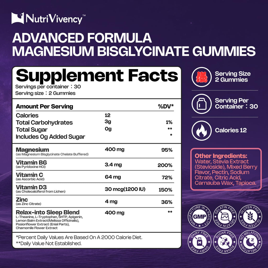 NutriVivency Magnesium Bisglycinate Chelate Gummies 400mg - 60 Gummies - image 2