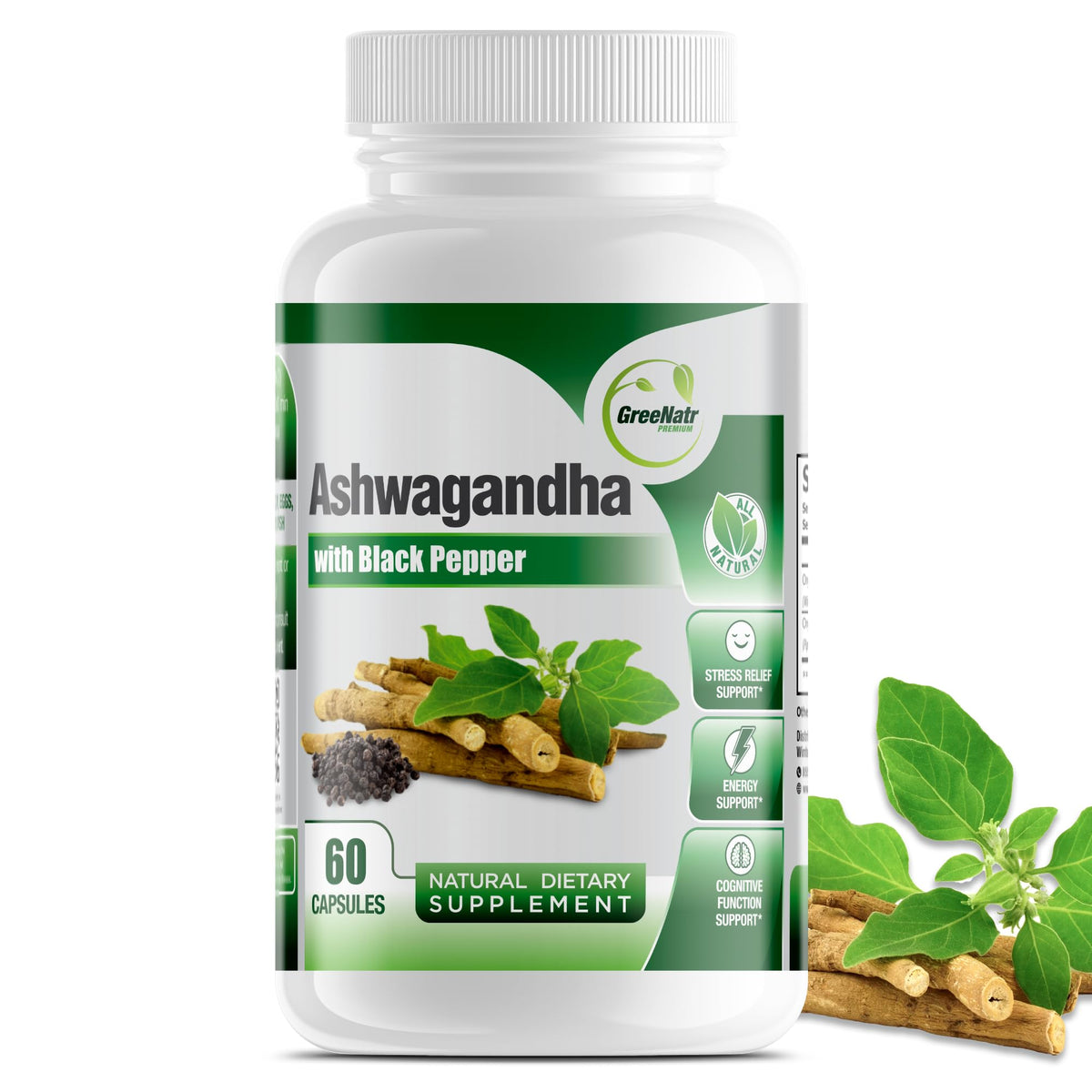GreeNatr Organic Ashwagandha Capsules with Black Pepper - 60 Capsules