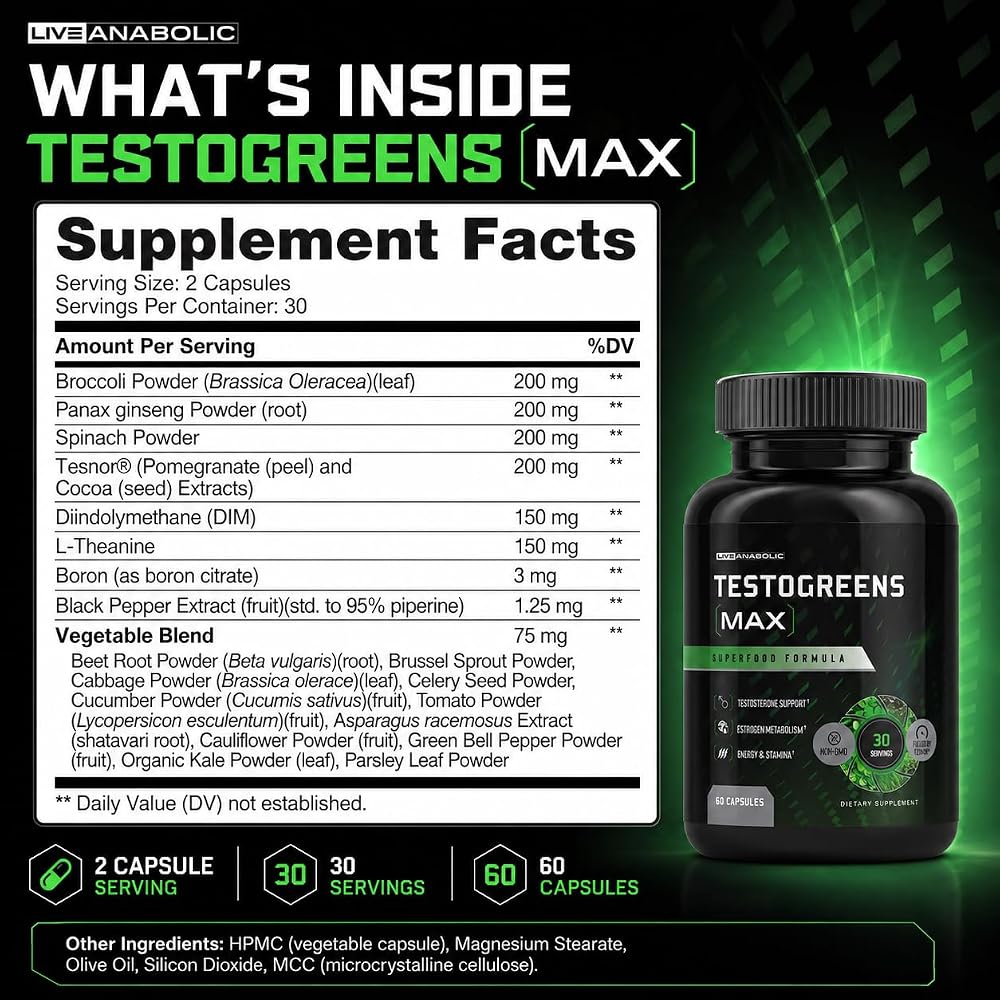 Live Anabolic TestoGreens Max Men's Greens Supplement - 60 Capsules - image 6