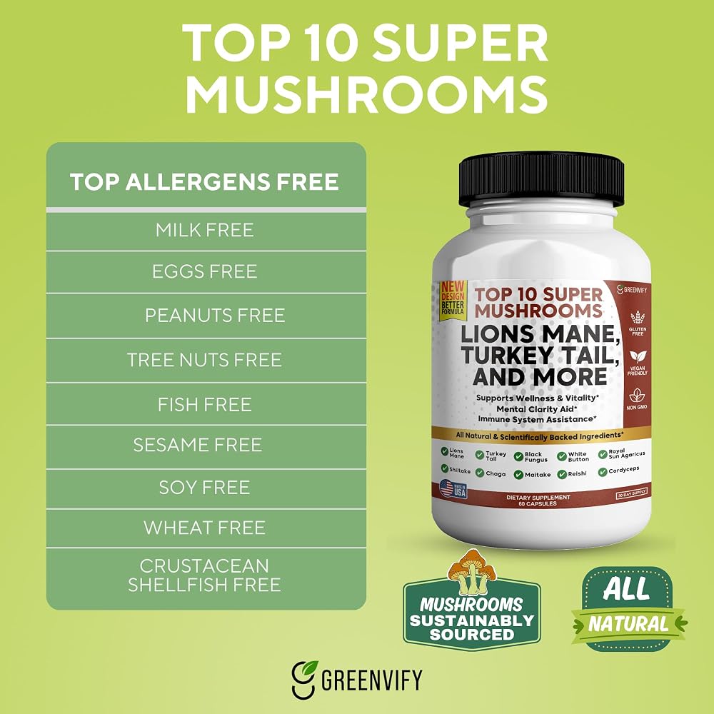 GREENVIFY Lions Mane 10 Super Mushrooms Supplement - Lions Mane