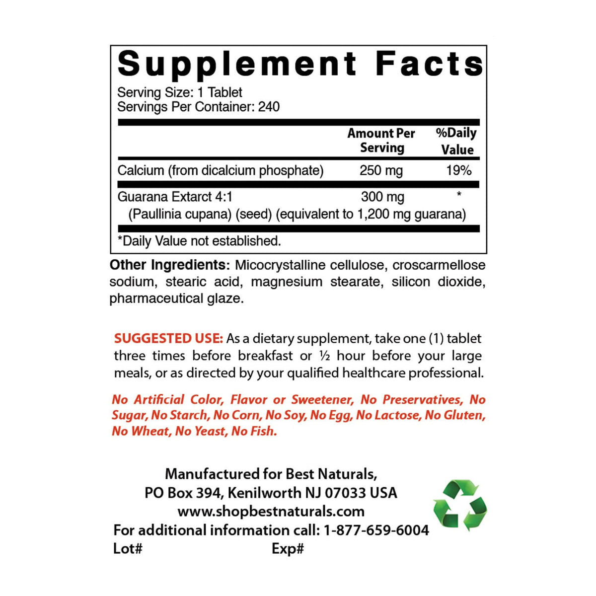 Best Naturals Guarana 1200 mg Energy Support - 180 Tablets - image 2