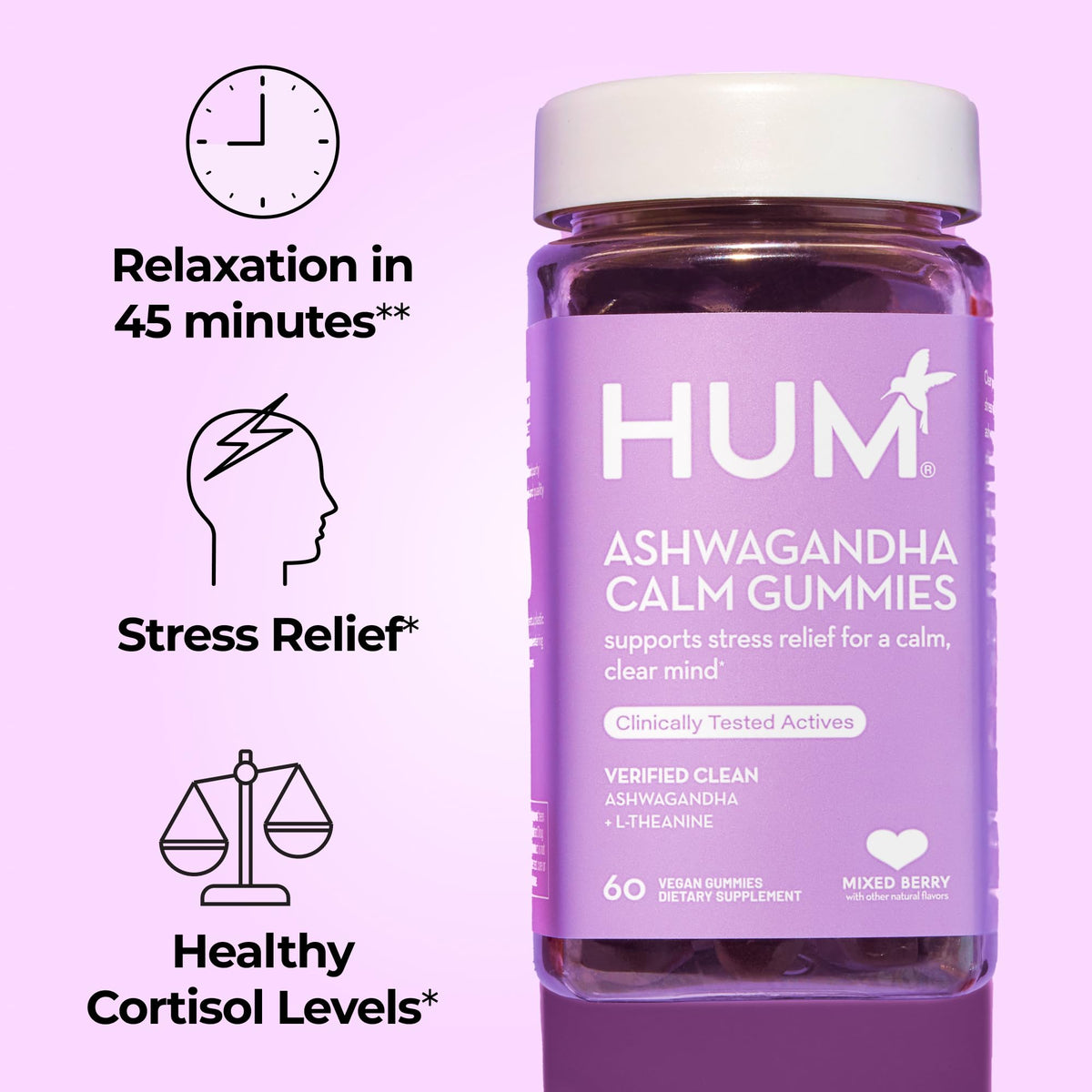 HUM Calm Ashwagandha Gummies with L-Theanine, Mixed Berry - 60 Gummies - image 2