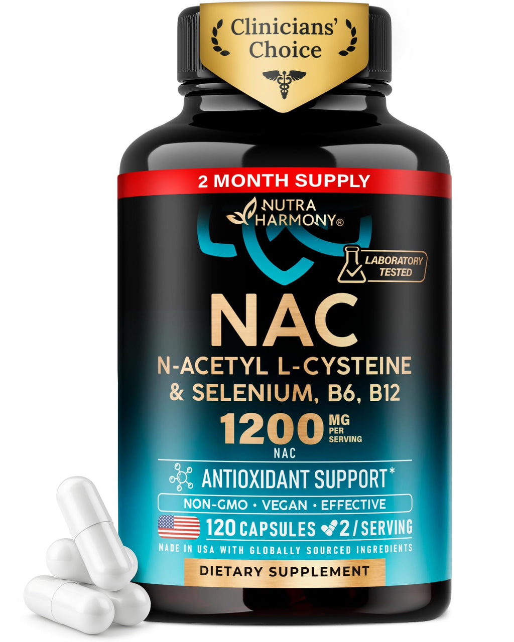 NUTRAHARMONY NAC 1200 mg with Selenium, B6 & B12 - 120 Capsules