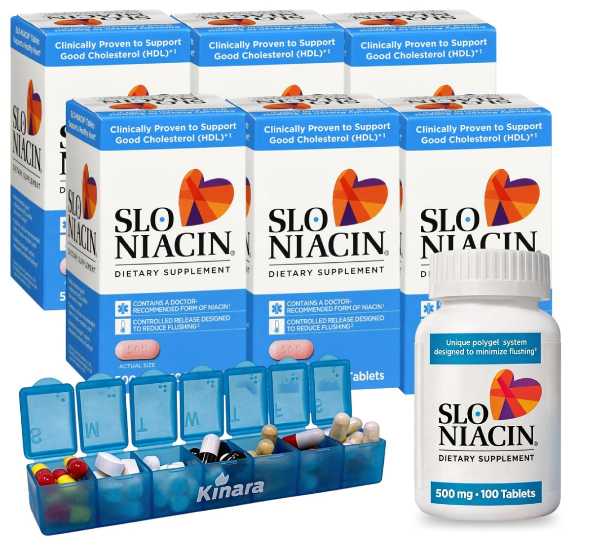 Kinara Slo Niacin 500mg Flush Free Vitamin B3 - 6 Pack of 100 Capsules