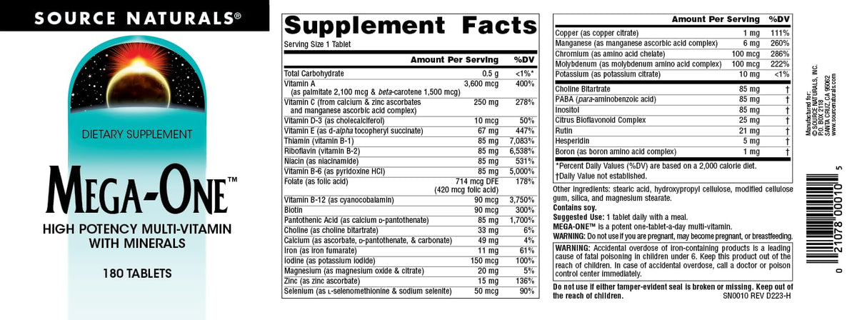 Source Naturals Mega-One Multi-Vitamin with Minerals - 180 Tablets - image 4