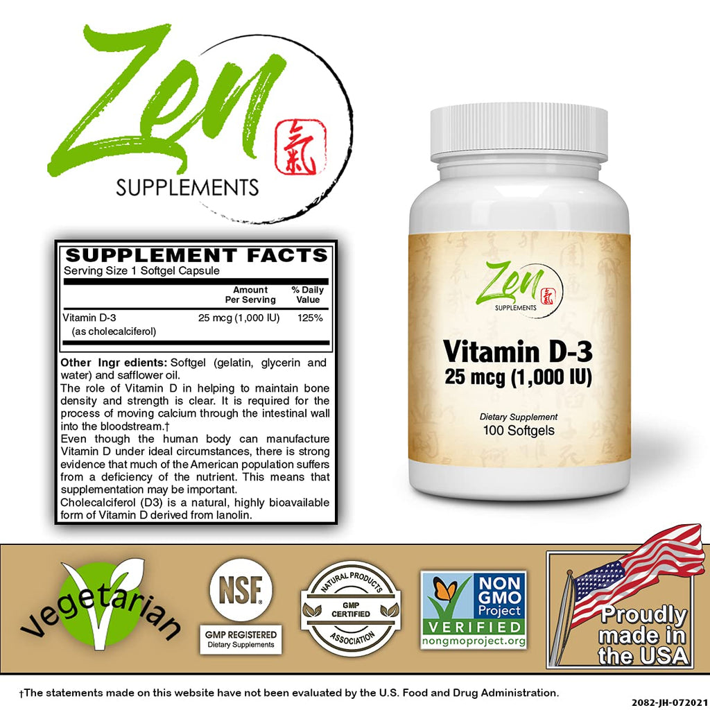 Zen Supplements Vitamin D-3 1000 IU - 100 Softgels - image 2