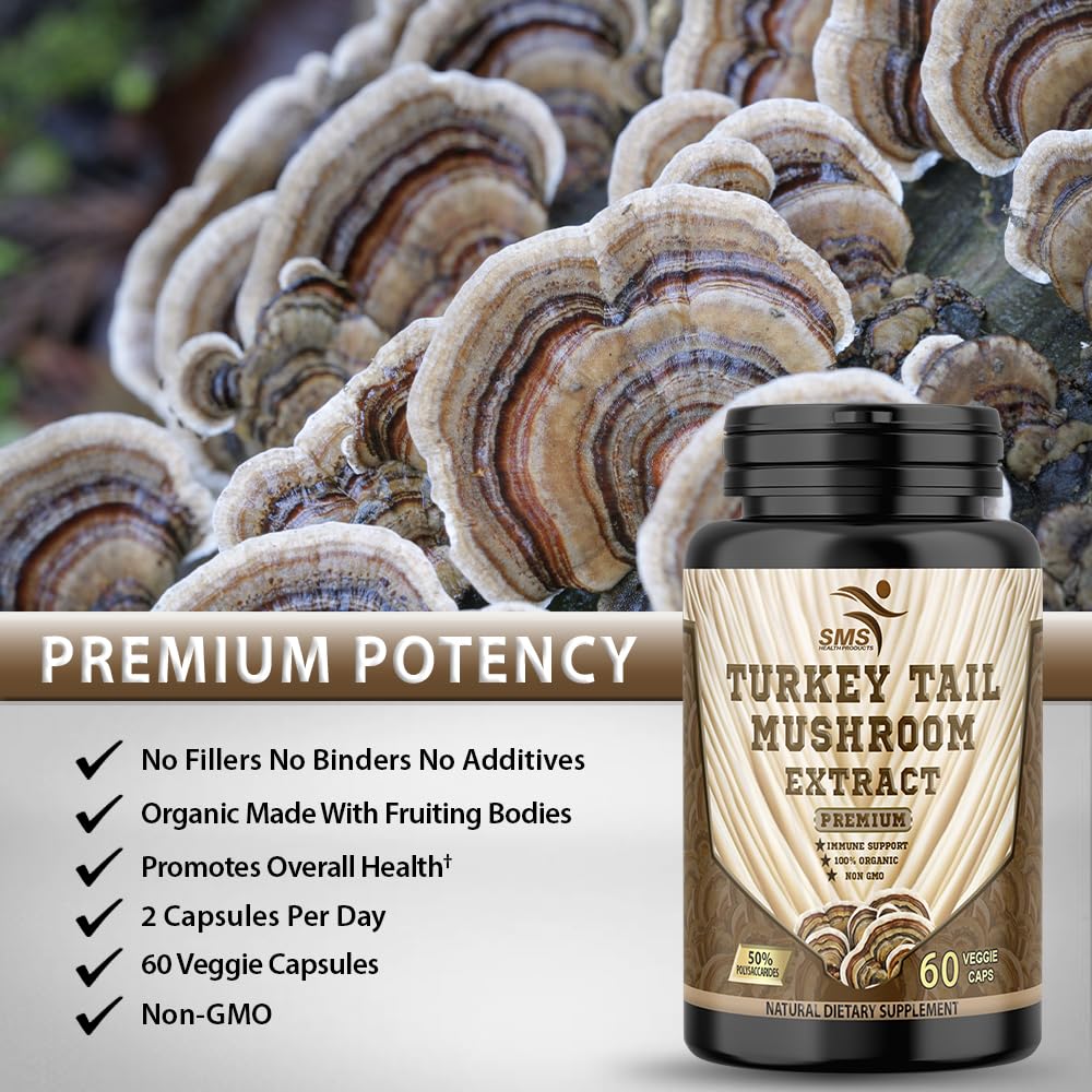 SMSHEALTHPRODUCTS Turkey Tail Mushroom 50% Extract - 60 Vegetarian Capsules - image 7