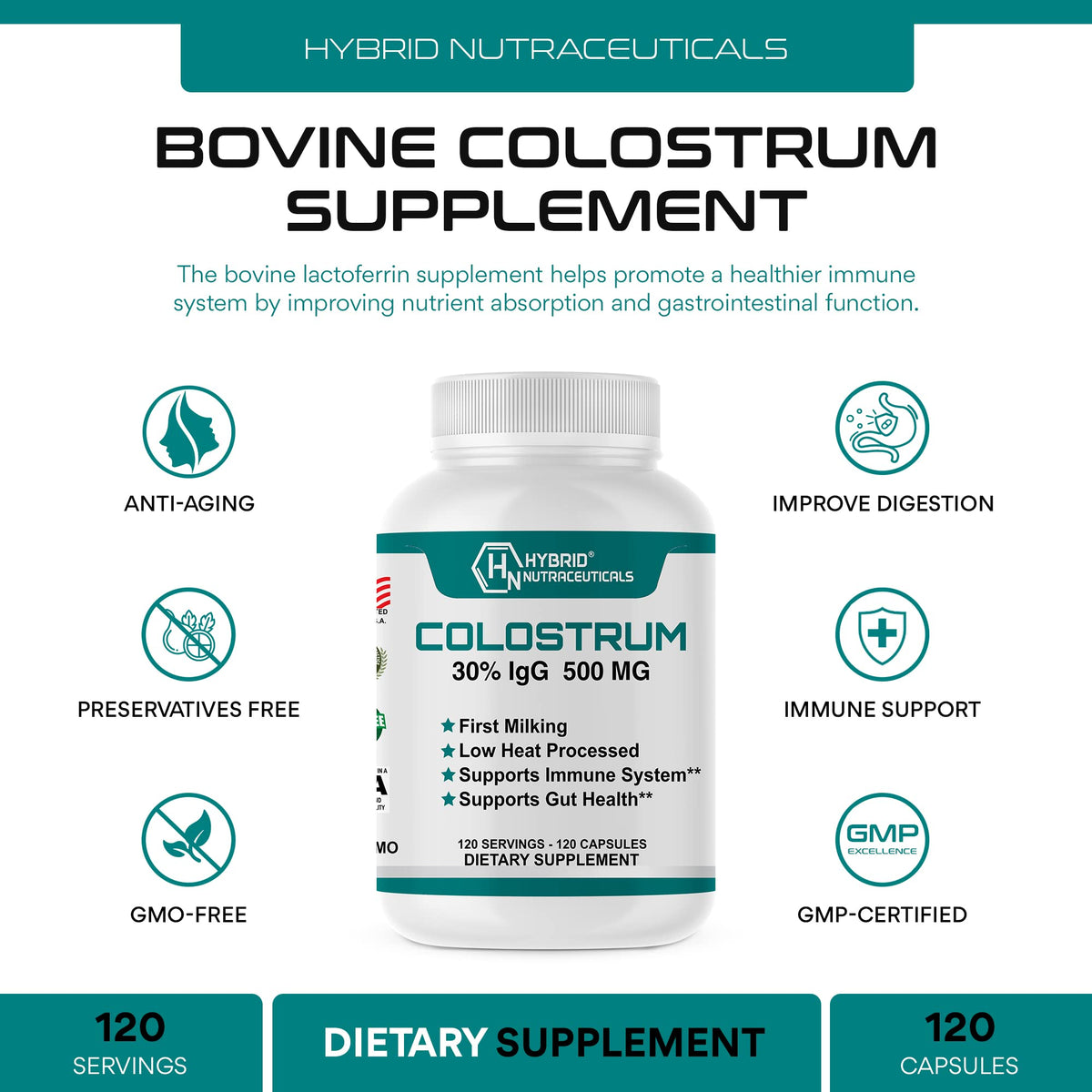 Hybrid Nutraceuticals Bovine Colostrum Immune Support - 120 Capsules - image 2