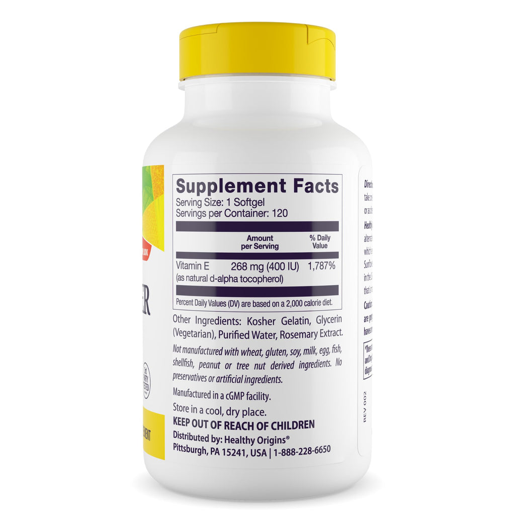 Healthy Origins Sunflower Vitamin E 400 IU - 120 Softgels - image 3