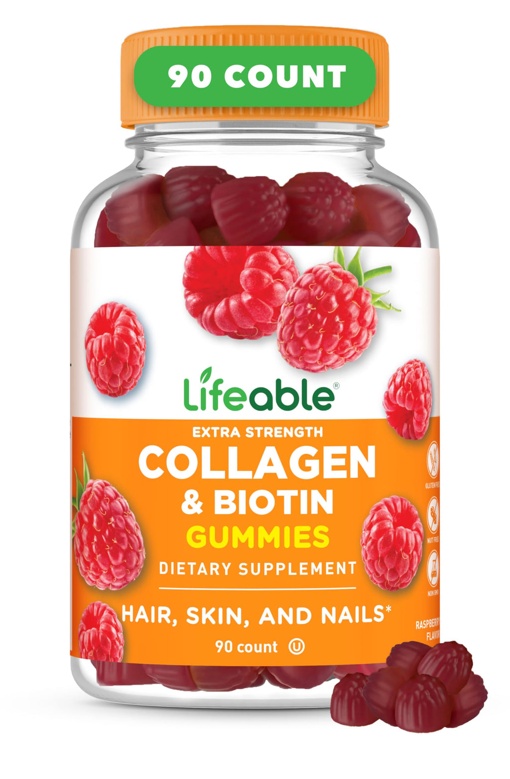 Lifeable Collagen Peptides Gummies with Biotin Hair Skin Nails - 90 Gummies