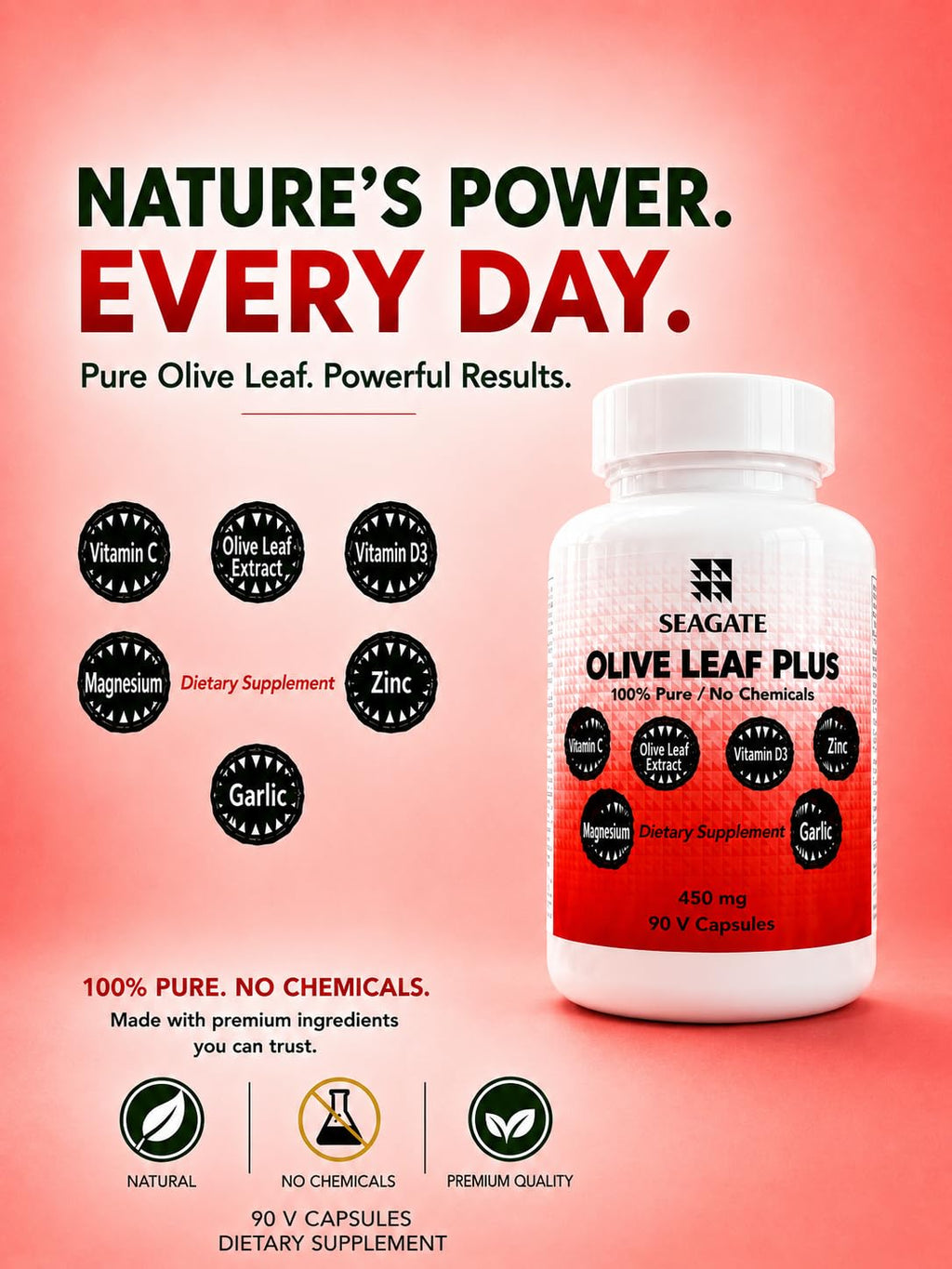 Seagate Olive Leaf Plus 450mg Immune Support - 90 Vegetarian Capsules - image 2