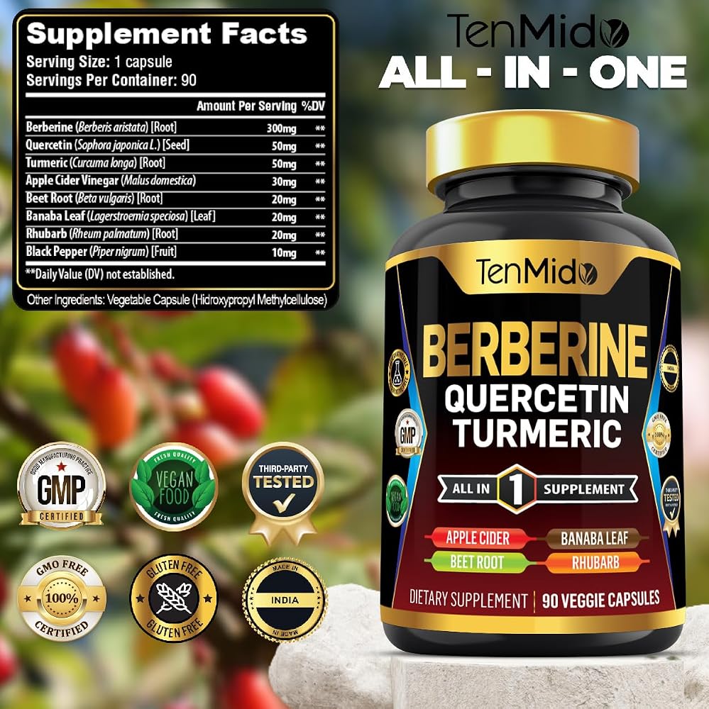 Tenmido Berberine Supplement 8-in-1 Formula - 90 Capsules - image 2