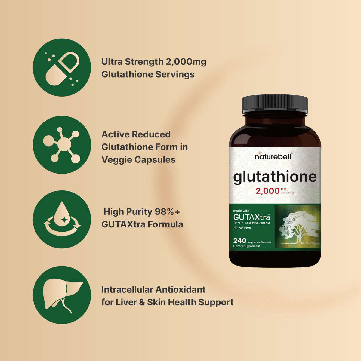 NatureBell Glutathione 2000mg Reduced Form - 240 Vegetarian Capsules - image 3
