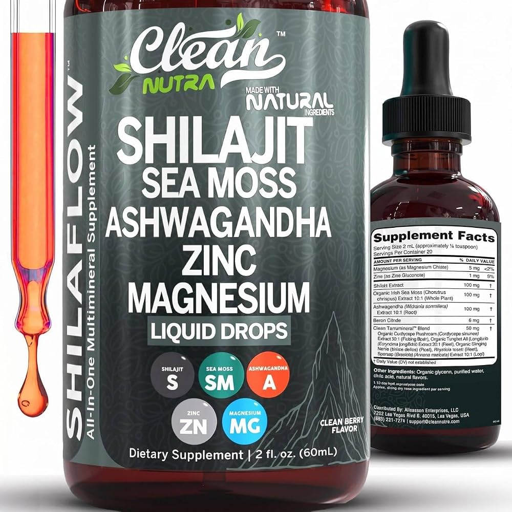 Clean Nutraceuticals Shilajit Drops Liquid with Sea Moss Ashwagandha - 2 Fl Oz