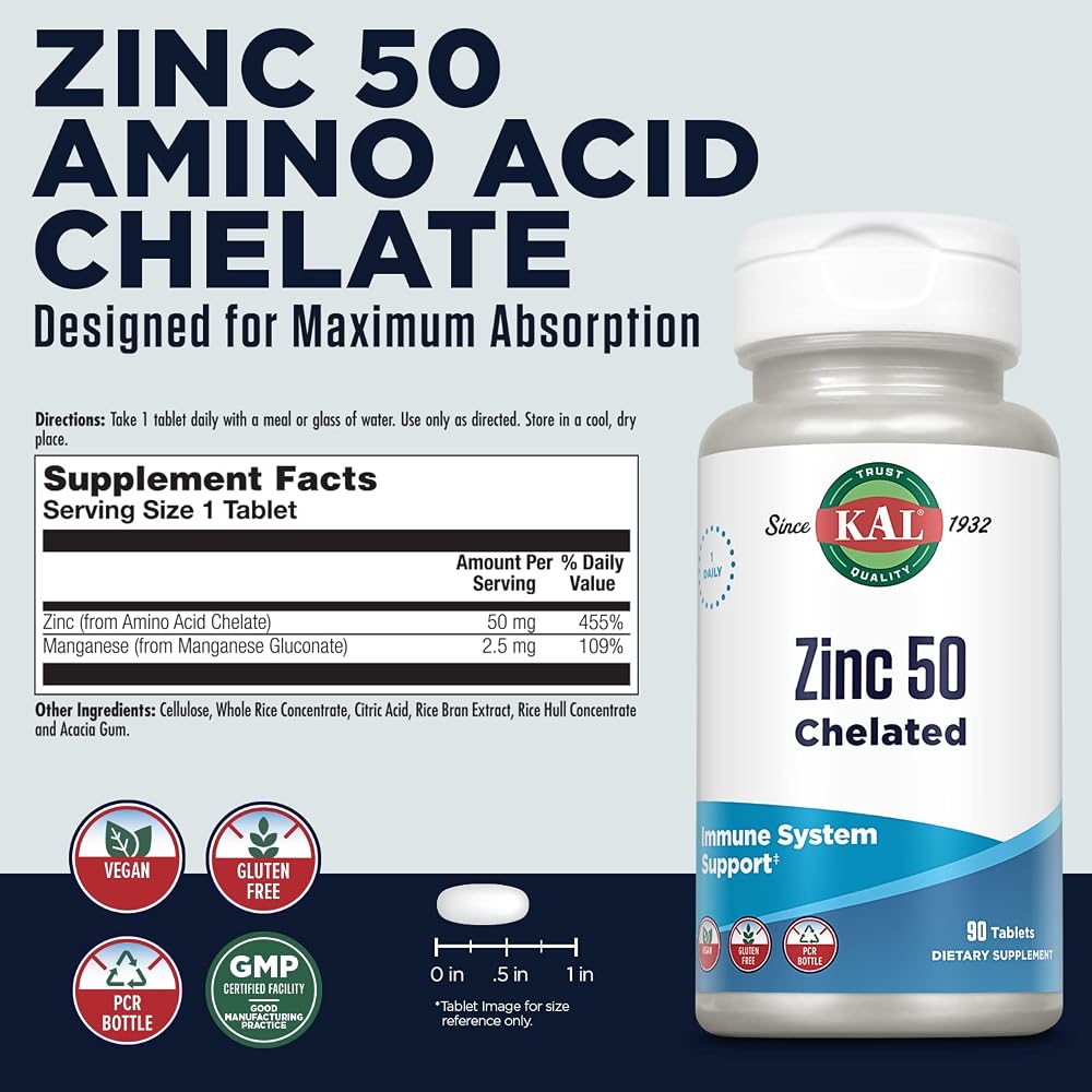 KAL Zinc 50mg Amino Acid Chelate Immune Support - 90 Tablets - image 2