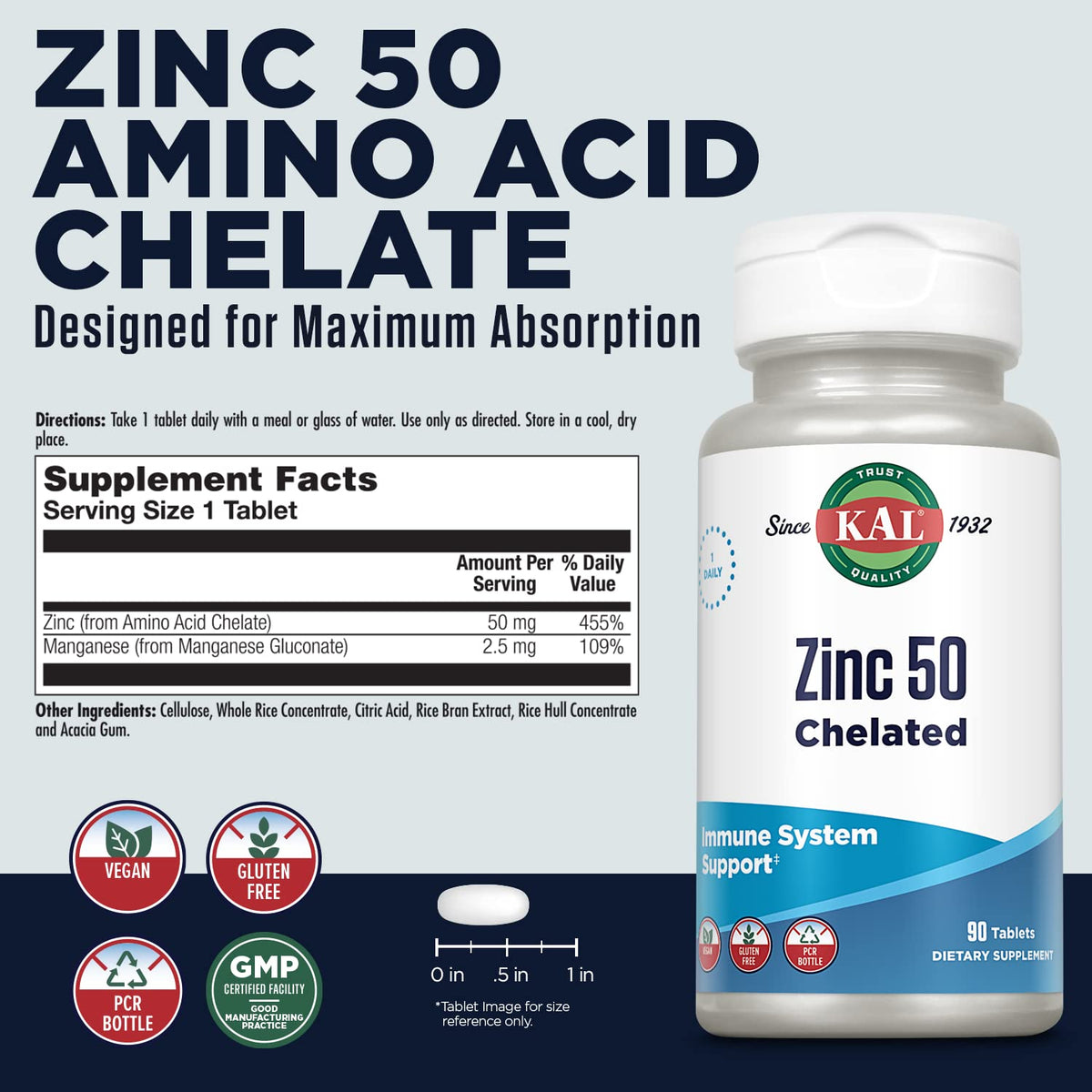 KAL Zinc 50mg Amino Acid Chelate Immune Support - 90 Tablets - image 2